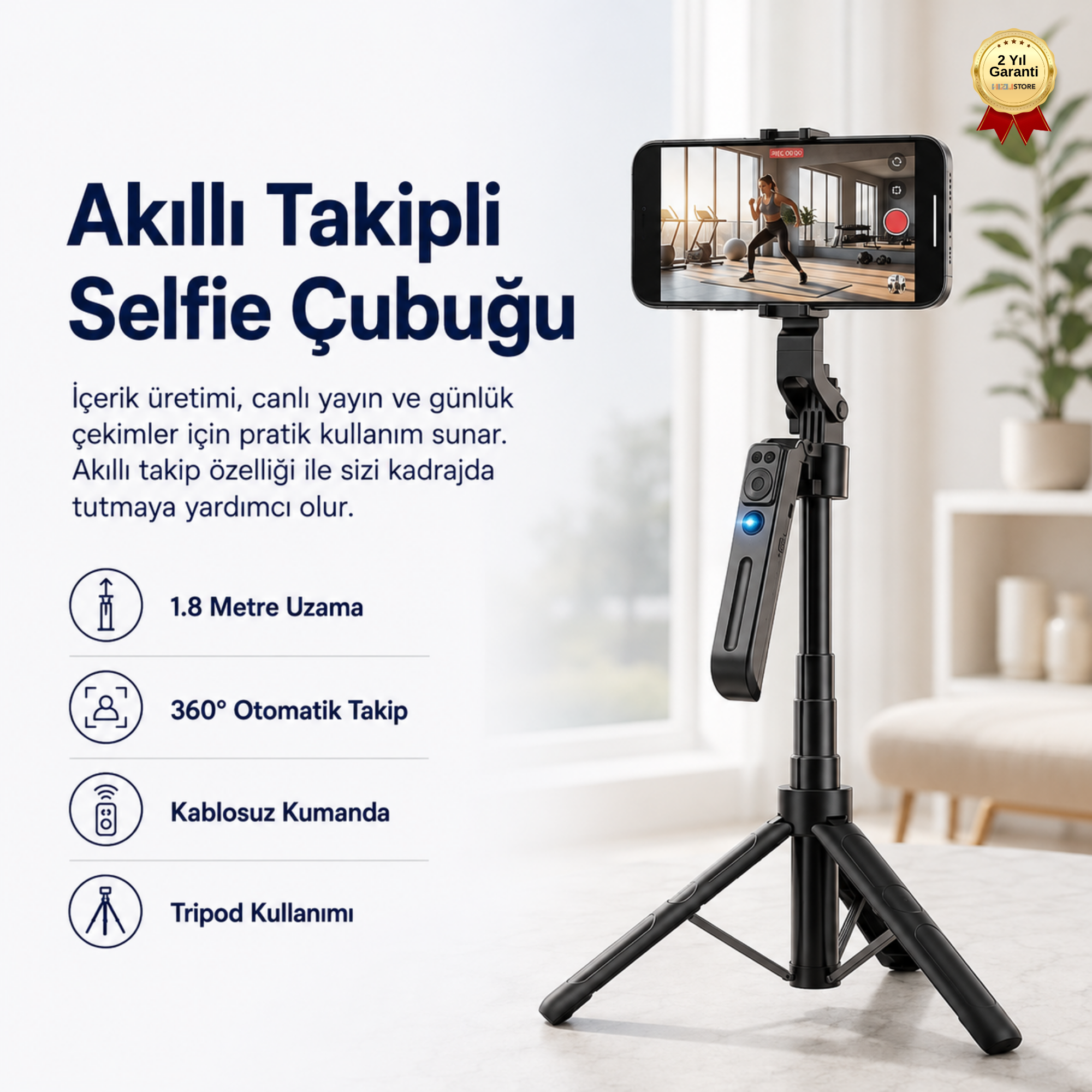 Akıllı Takipli Selfie Çubuğu 1.8 Metre 360° Döner Kumandalı Telefon Tripodu 