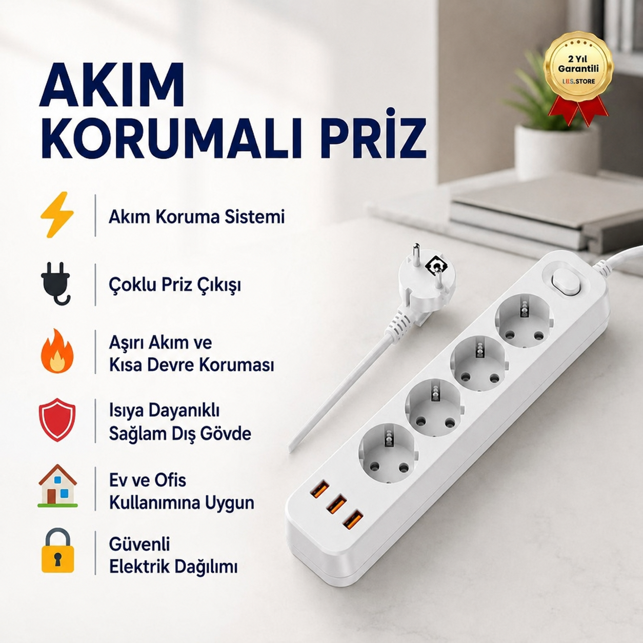 Akım Korumalı Çoklu Priz – Anahtarlı, Güvenli Elektrik Dağıtım Ünitesi 