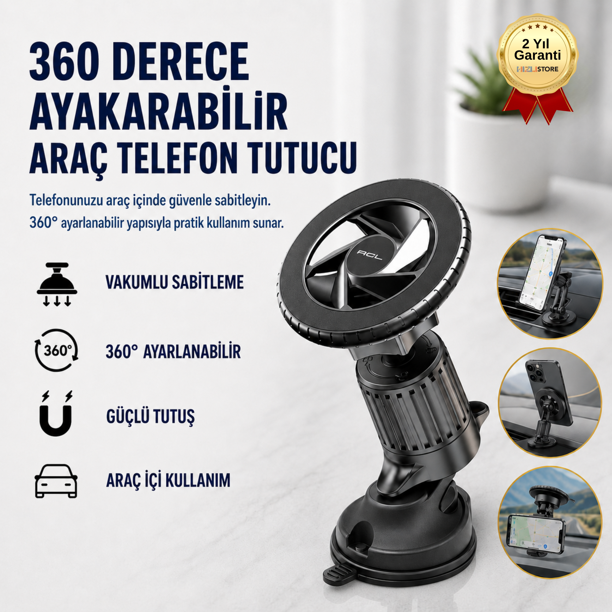 Araç Telefon Tutucu Vakumlu 360 Derece Ayarlanabilir Sabitlenebilir Telefon Aparatı 