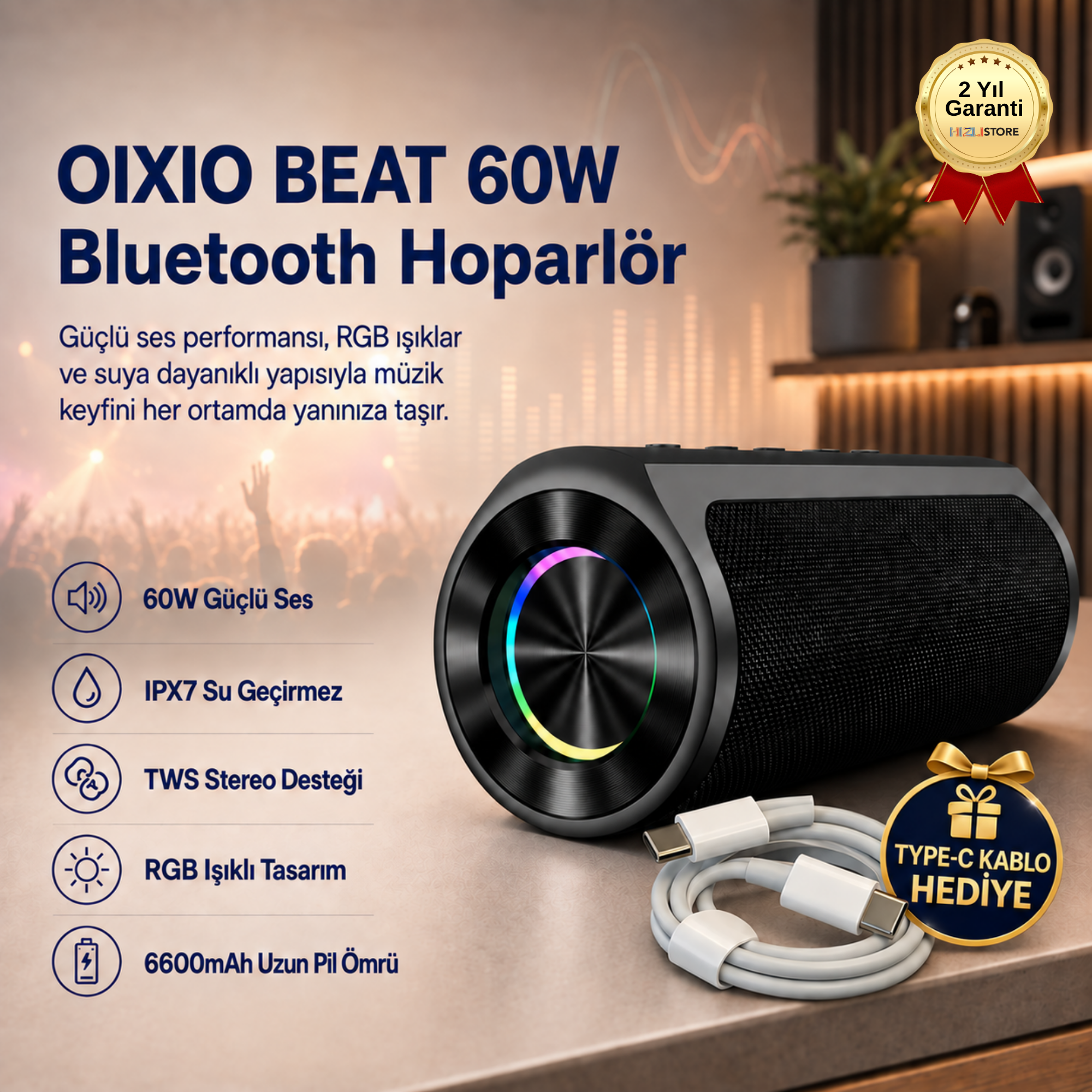 BEAT 60W Su Geçirmez ipx7 Bluetooth AUX Sd Card Usb Yüksek Ses Kaliteli Hoparlör RGB Speaker 