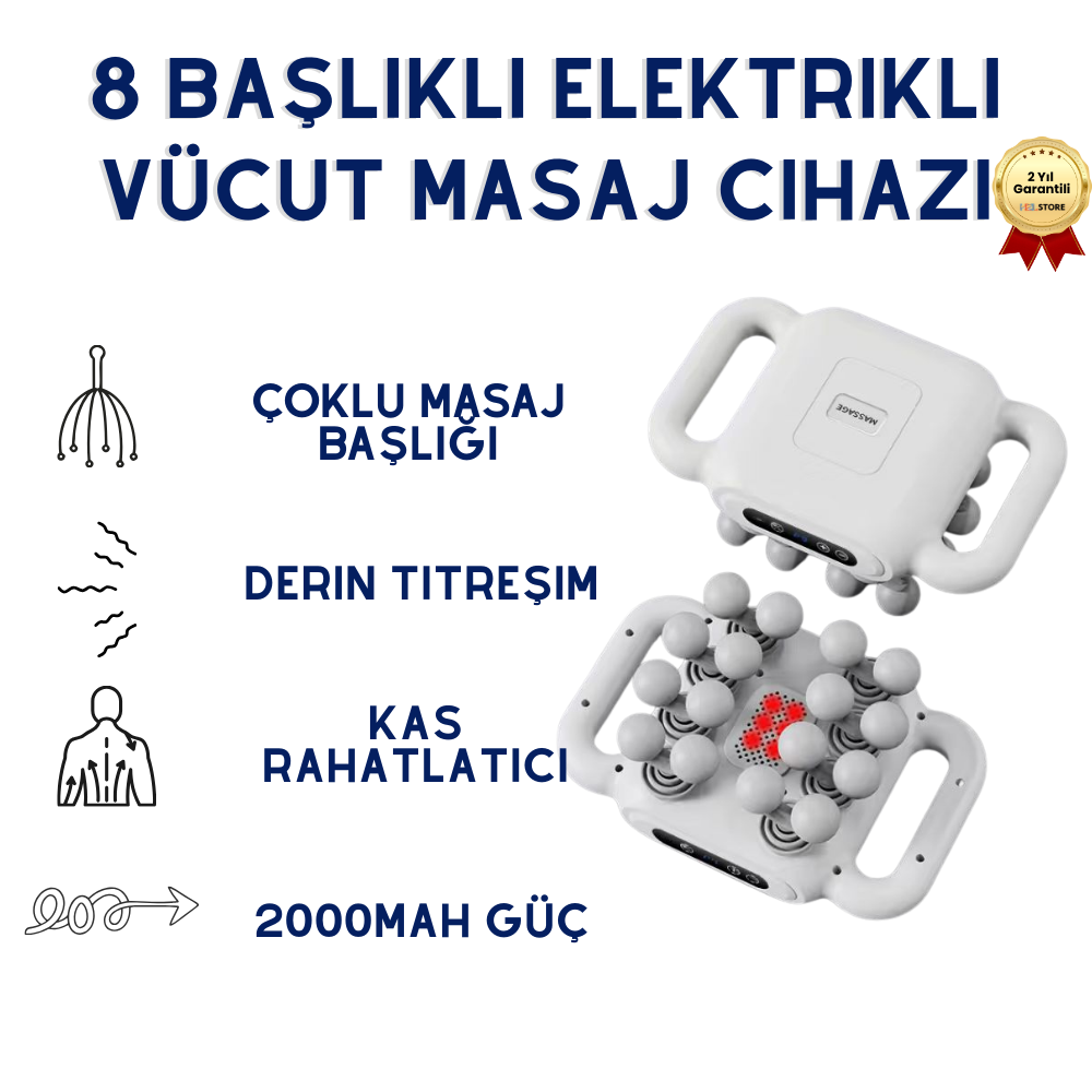 Beyaz 2000mAh  8 Başlıklı Titreşimli Elektrikli Vücut Masaj Cihazı 