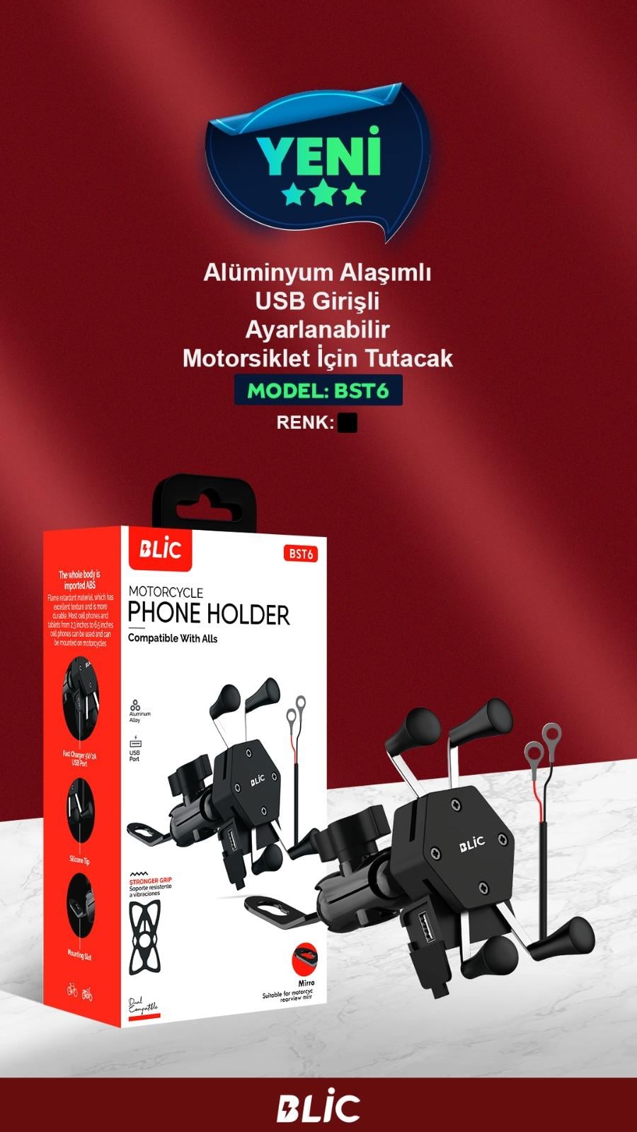 BST6 Motosiklet Telefon Tutucu | Alüminyum Gövdeli, Gidon Tipi, Sabit ve Güçlü Kavrama Aparatı 