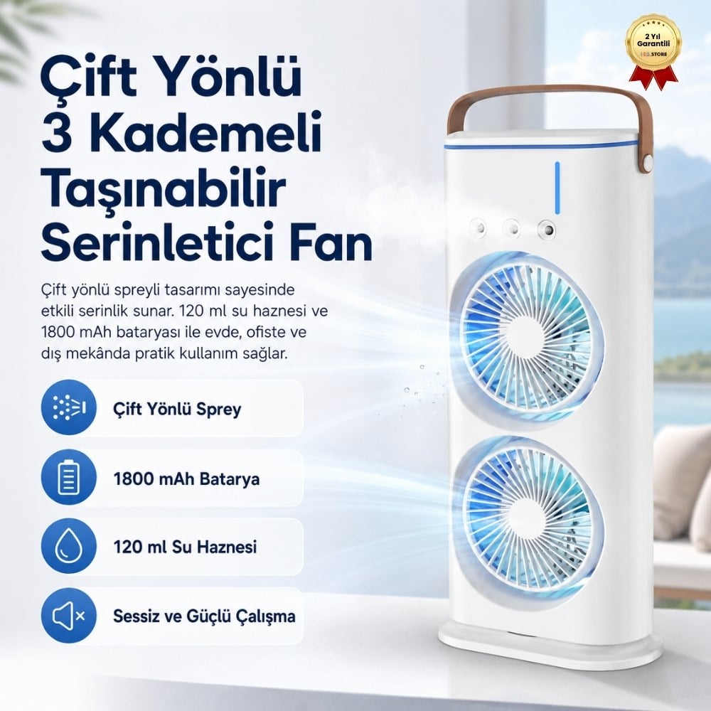 Çift Yönlü Spreyli Fan  120 ml Su Hazneli, 1800 mAh Bataryalı, 3 Kademeli Taşınabilir Serinletici Fan 