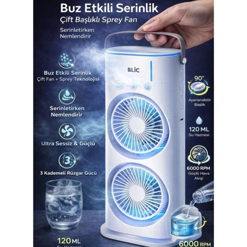 Çift Yönlü Spreyli Fan  120 ml Su Hazneli, 1800 mAh Bataryalı, 3 Kademeli Taşınabilir Serinletici Fan 