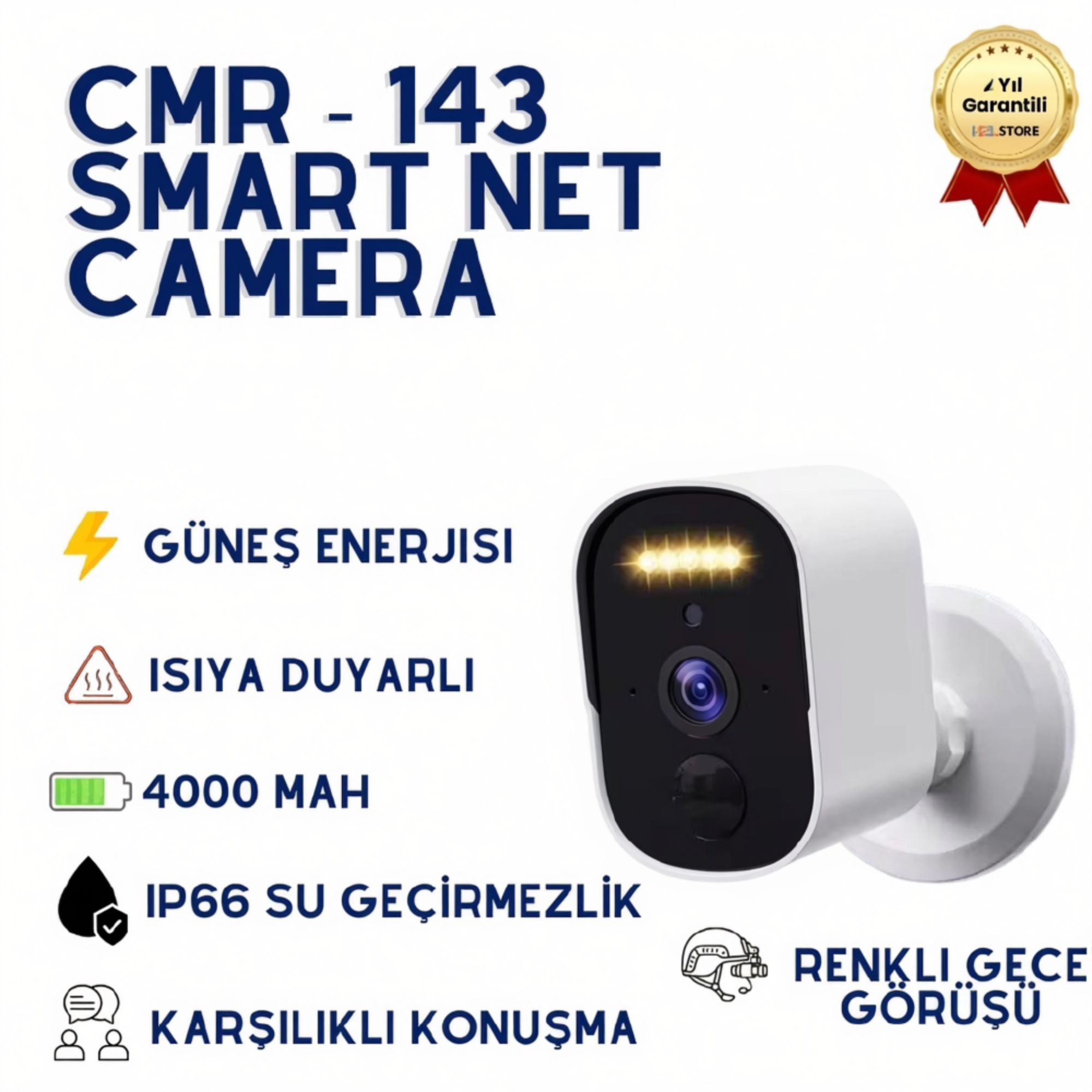 CMR-143 Solar Güneş Enerjili WiFi Güvenlik Kamerası - 4000mAh Bataryalı Kablosuz Dış Mekan Kamera (Renkli Gece Görüşlü) 