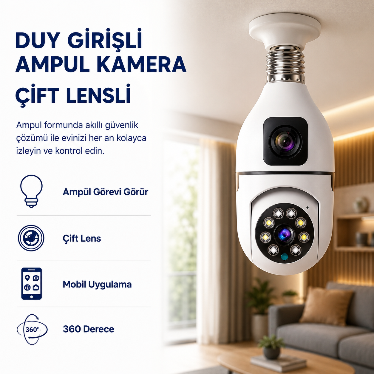 CMR 40 Çift Kameralı 4K FULL HD Hareket Sensörlü  Bağlantılı 360 Derece Başlıklı Güvenlik Kamerası 