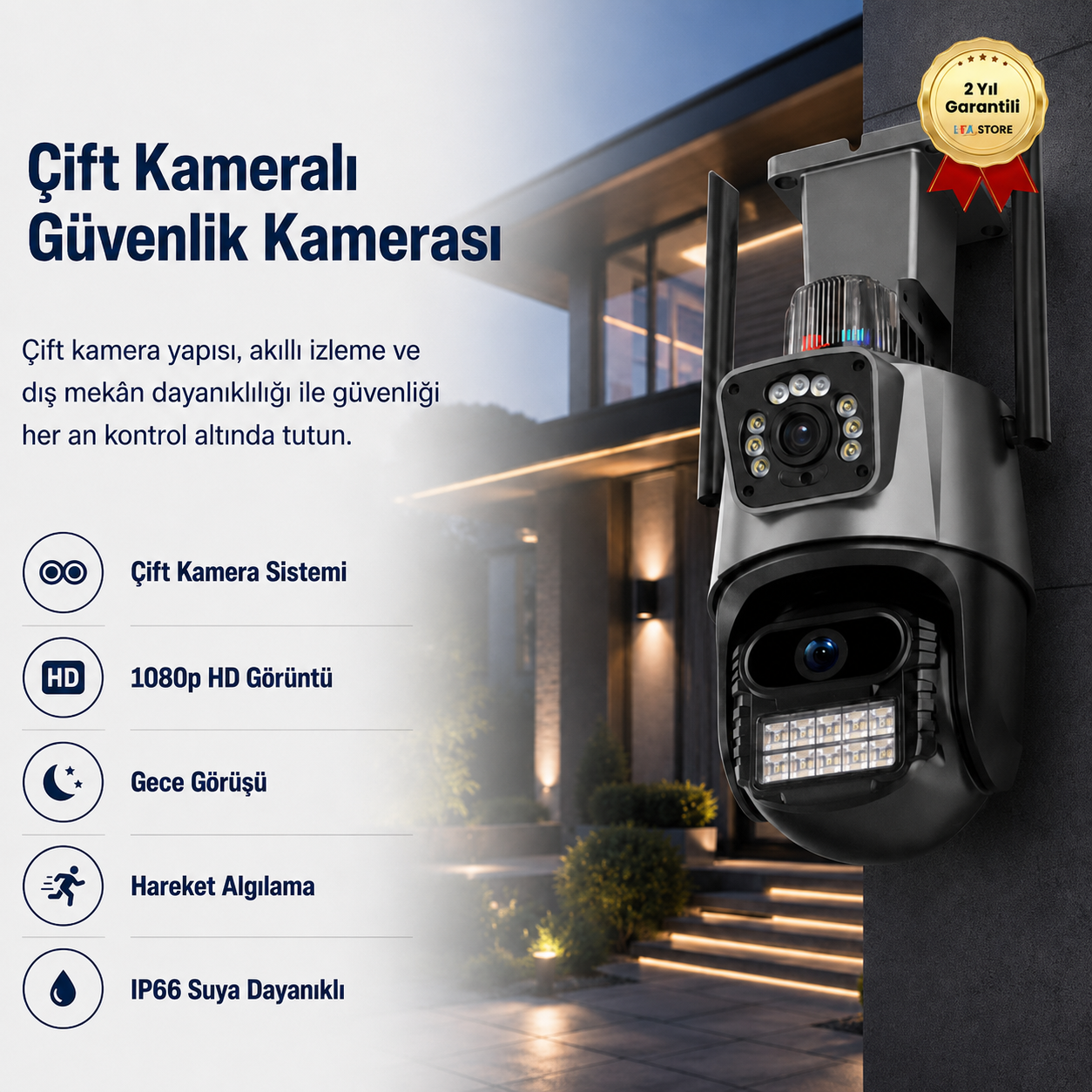 CMR 50 Çift Kameralı 8MP IP66 Su Geçirmez Dış Mekan Uyumlu Alarmlı Telefon Uygulamalı Güvenlik Kamerası 