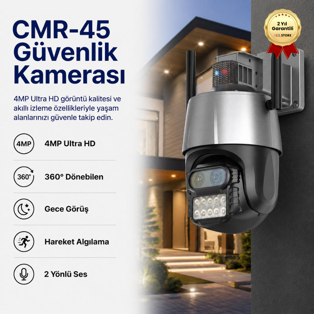 CMR45 4MP Ultra HD Kablosuz Güvenlik Kamerası, 360° Dönebilen Wi-Fi Kamera, Gece Görüş, Hareket Algılama, 2 Yönlü Ses, Uzaktan İzleme | HZLSTORE 