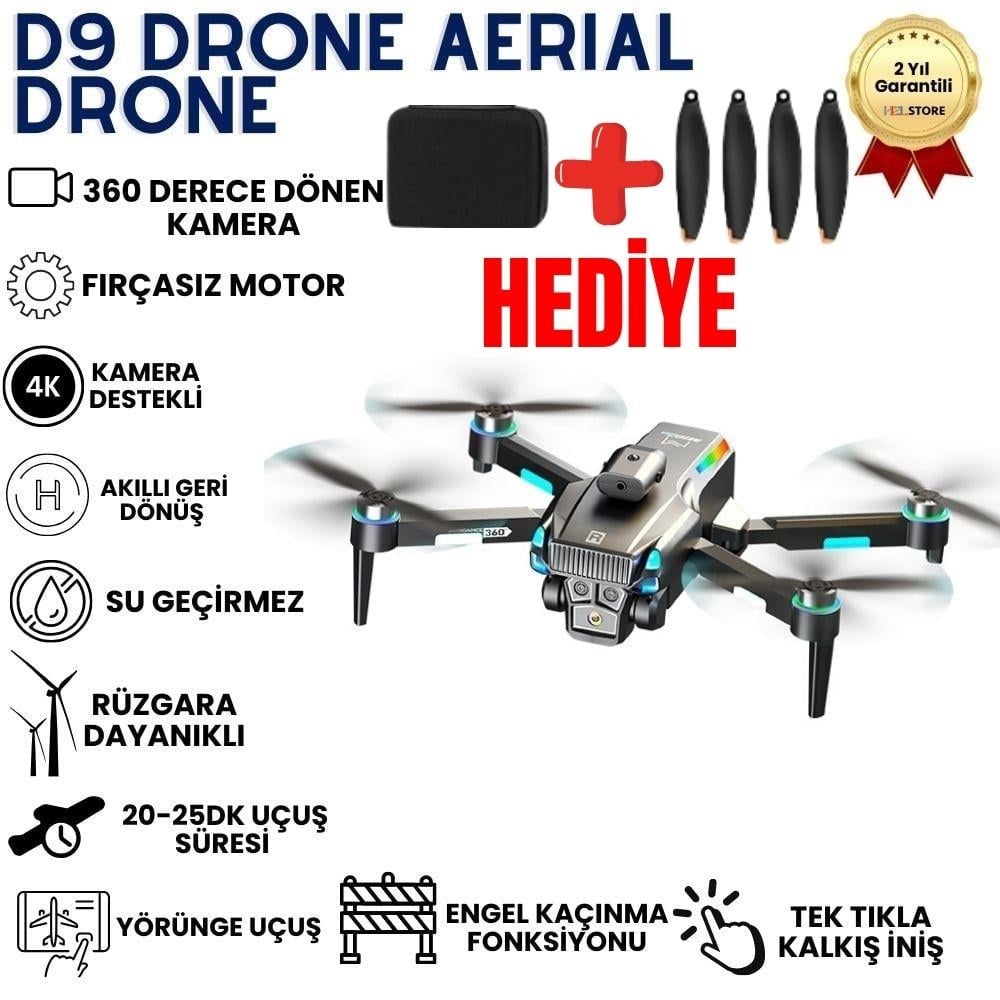 D9 Drone,Fırçasız Motorlu,90° Elektrikli Kamera, Tek Tuş Kalkış–İniş LED Işıklı 4K Akıllı Drone 
