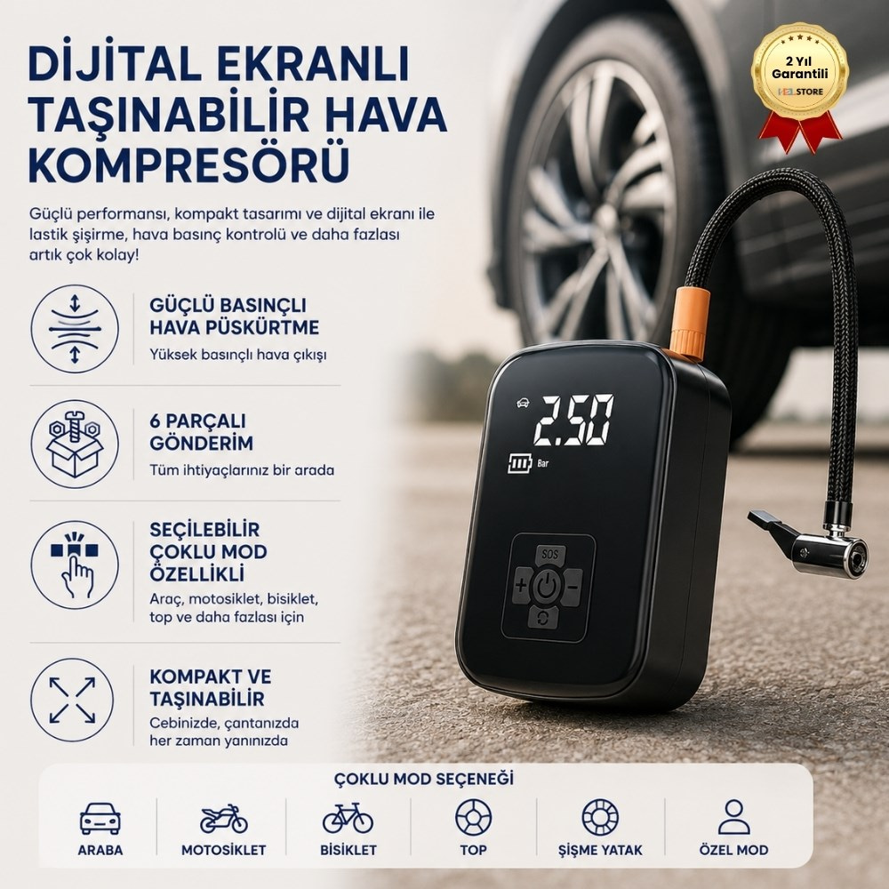 Dijital Ekranlı Taşınabilir Hava Kompresörü – Çok Amaçlı Lastik Şişirme, Güçlü Kompakt 