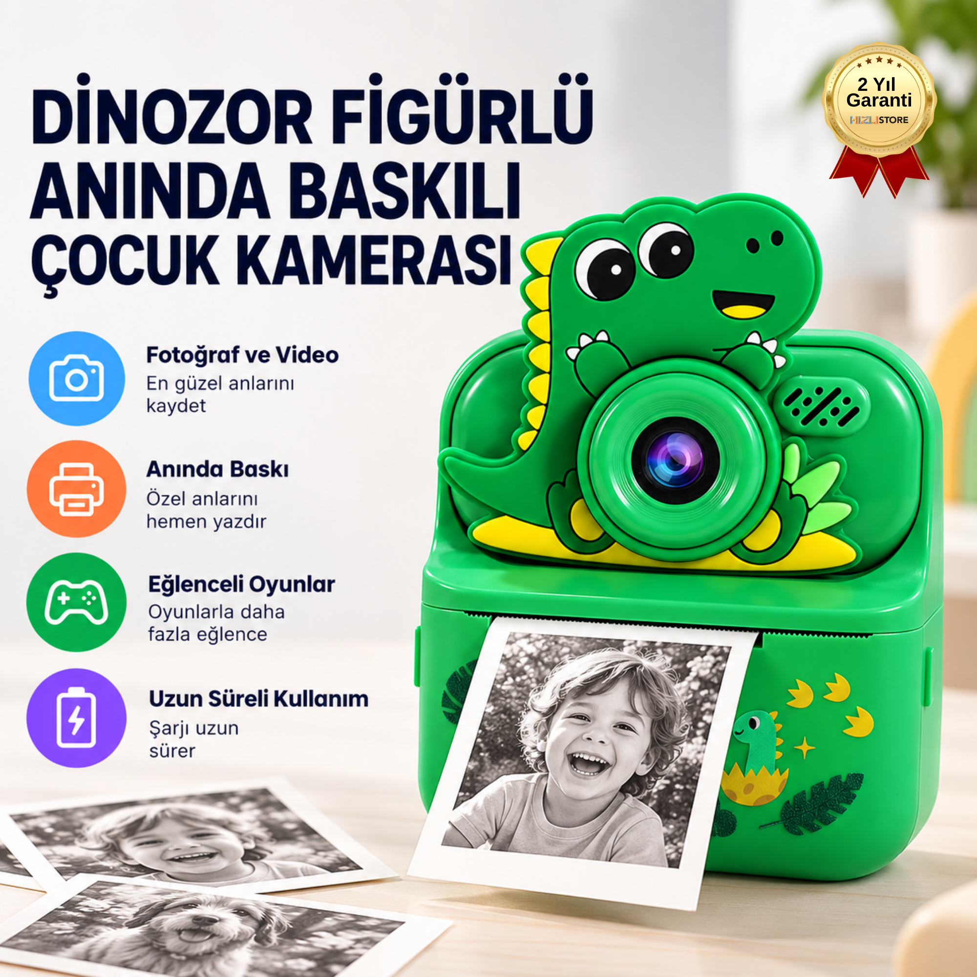 DİNOZOR FİGÜRLÜ ANINDA BASKILI ÇOCUK KAMERASI 