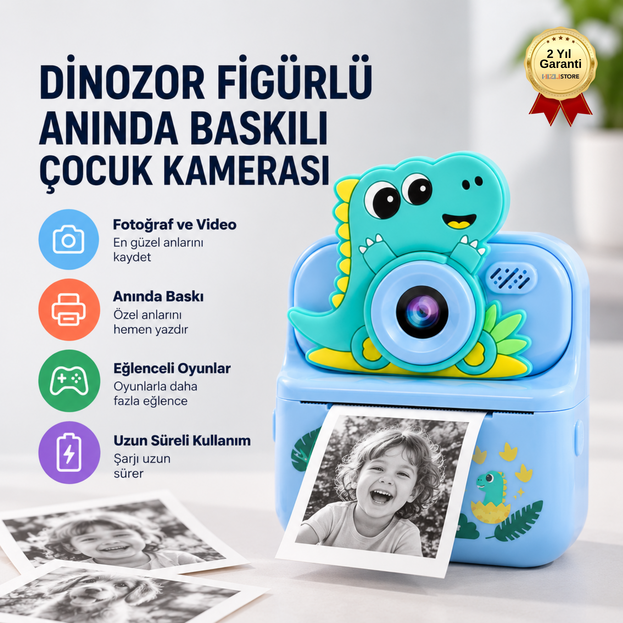 DİNOZOR FİGÜRLÜ ANINDA BASKILI ÇOCUK KAMERASI 