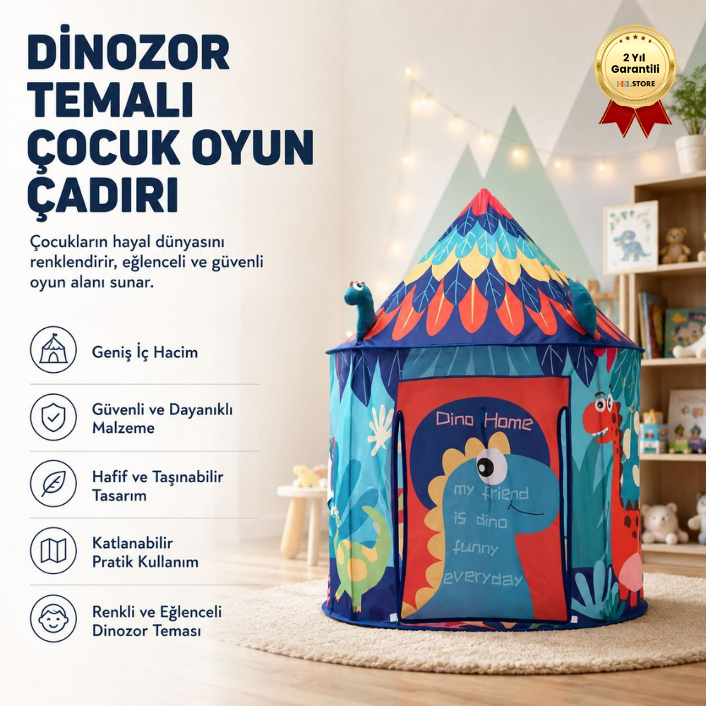 Dinozor Temalı Çocuk Oyun Çadırı Katlanabilir ve Taşınabilir 