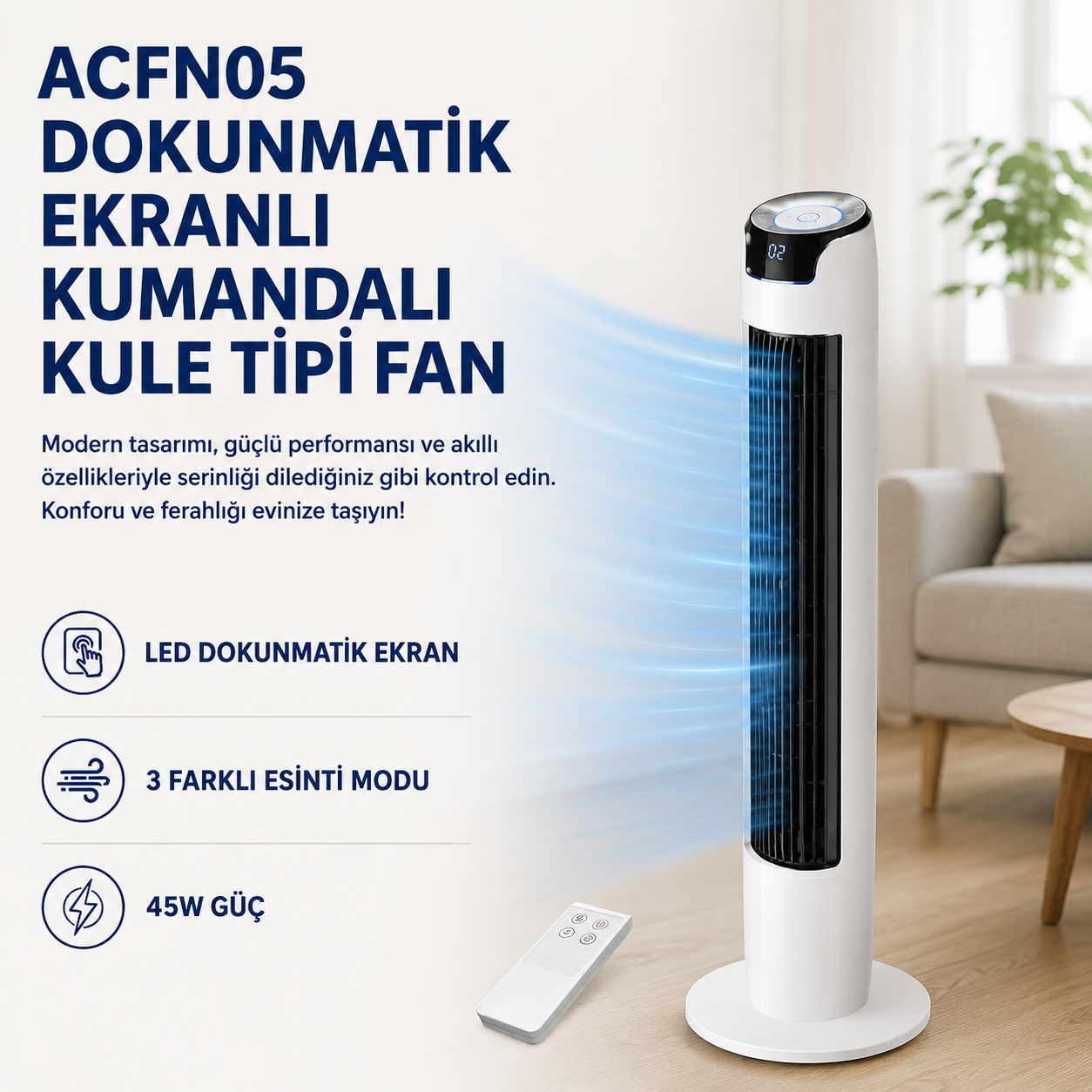 Dokunmatik Ekranlı Kumandalı Kule Tipi Fan  