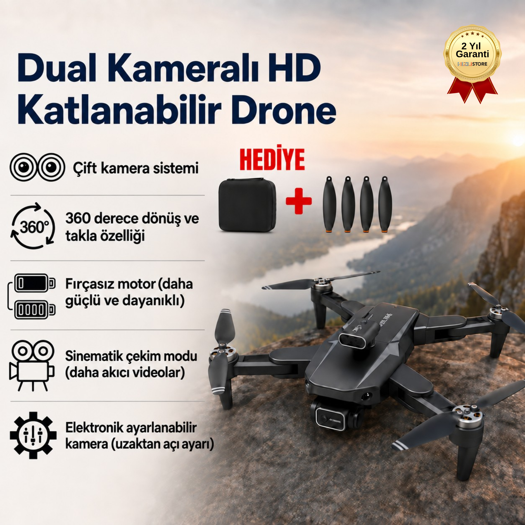 Dual Kameralı HD Katlanabilir Drone – Ayarlanabilir Kamera ve Fırçasız Motor 