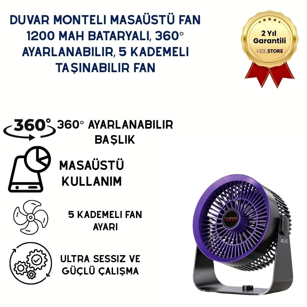 Duvar Monteli Masaüstü Fan  1200 mAh Bataryalı, 360° Ayarlanabilir, 5 Kademeli Taşınabilir Fan 