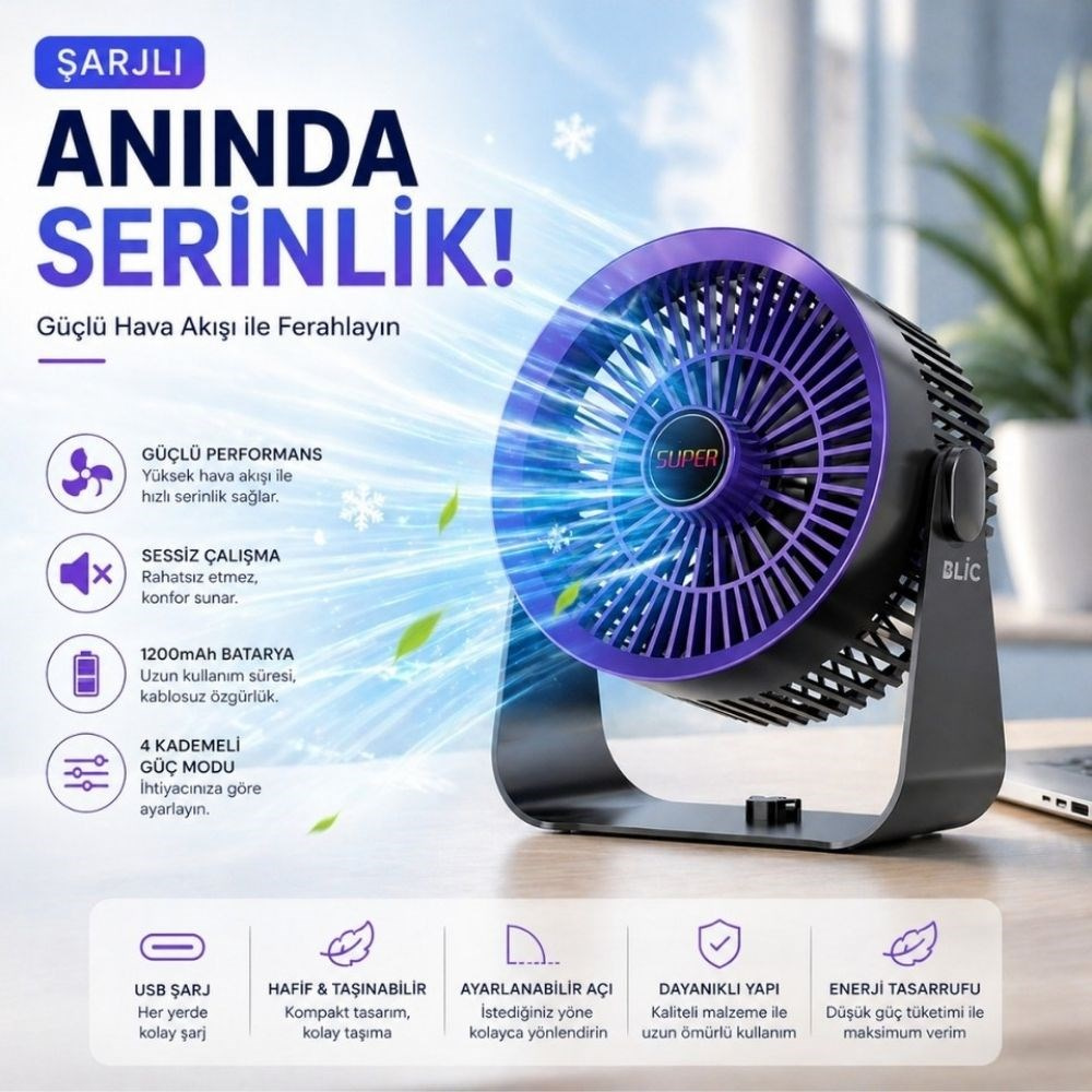 Duvar Monteli Masaüstü Fan  1200 mAh Bataryalı, 360° Ayarlanabilir, 5 Kademeli Taşınabilir Fan 
