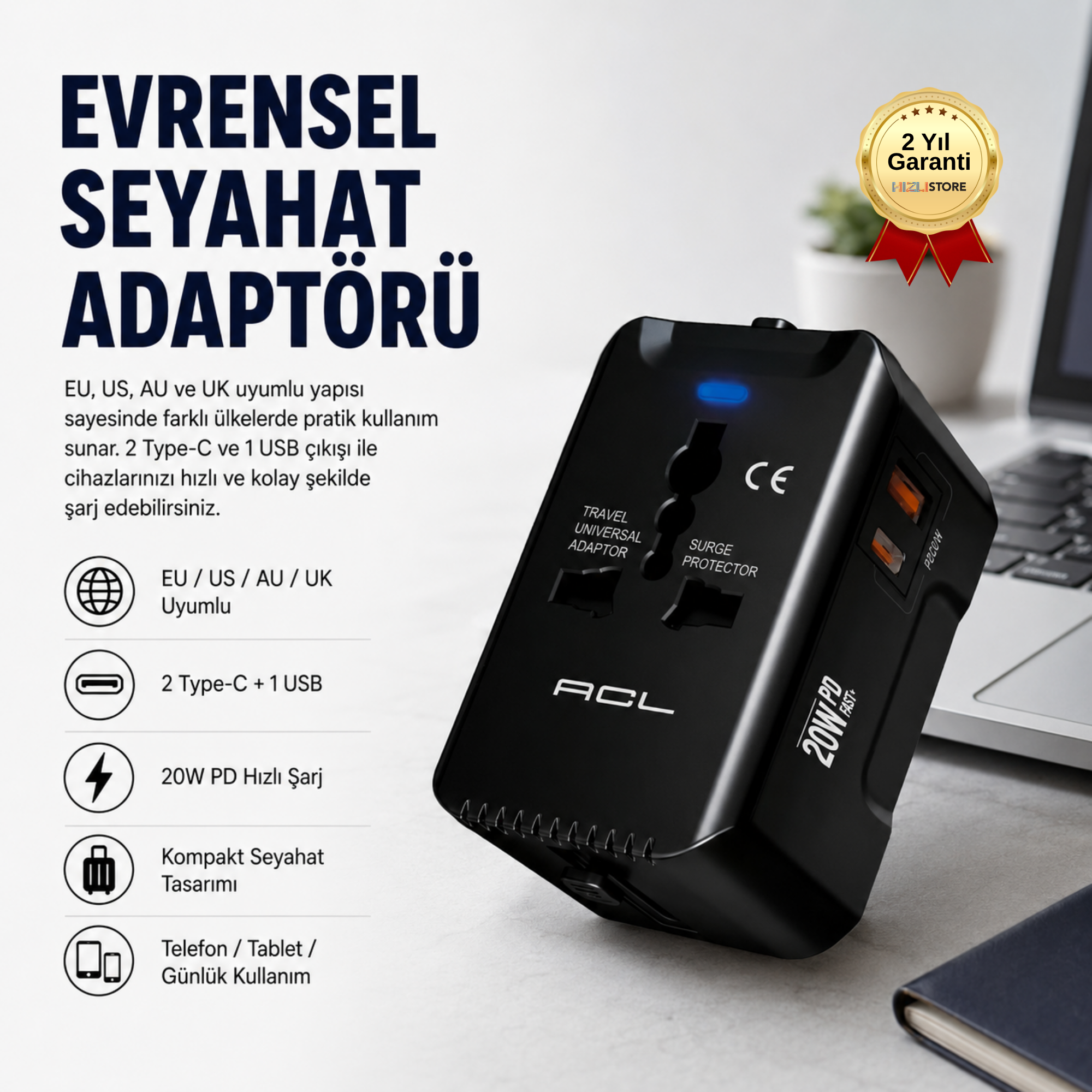 Evrensel Eu Us Au Uk Priz Fiş Çevirici Dönüştürücü Seyahat Adaptörü 2 Type-c 1 Usb Çıkışlı Adaptör 