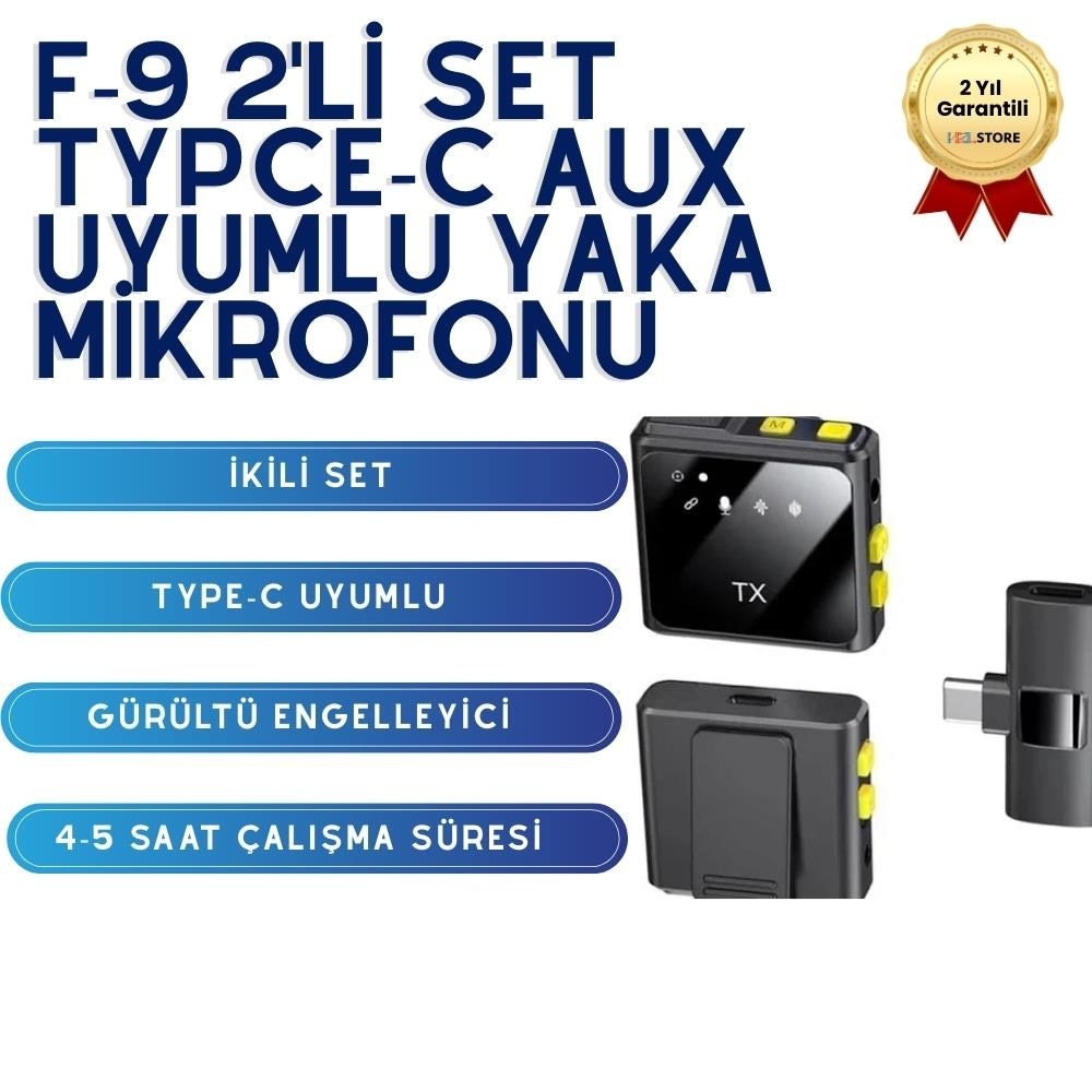 F9 İkili Satılan Type-C Uyumlu Yaka Mikrofon – Profesyonel Ses Kalitesi, Kolay Kullanım, Tüm Type-C Cihazlarla Uyumlu 