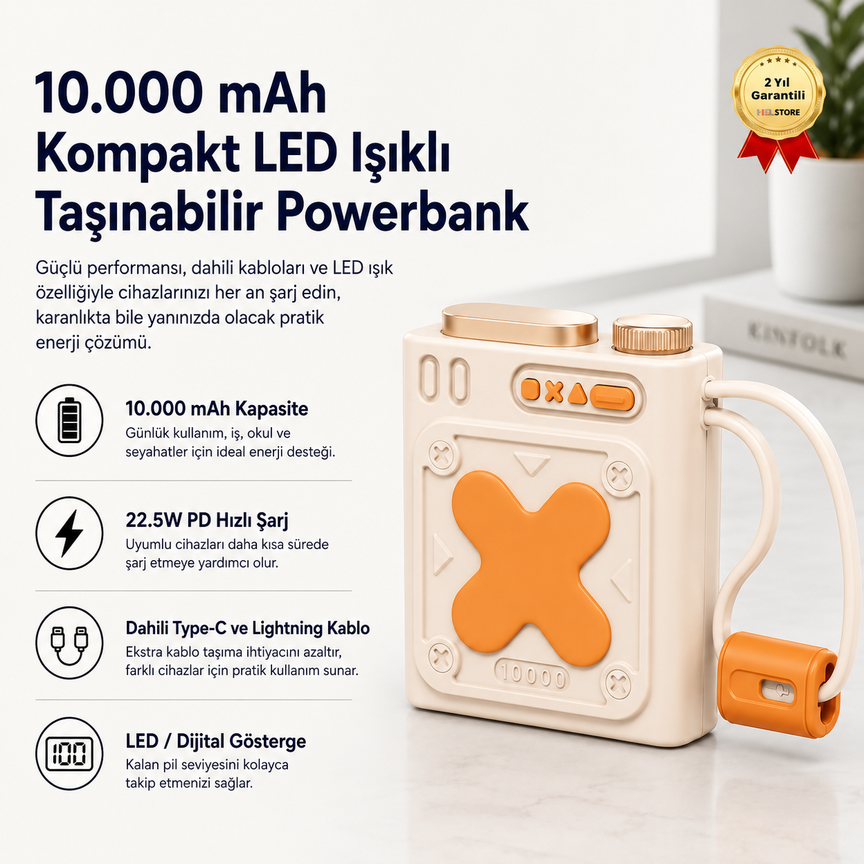 FP-21 10.000 mAh Kompakt LED Işıklı Taşınabilir Powerbank 