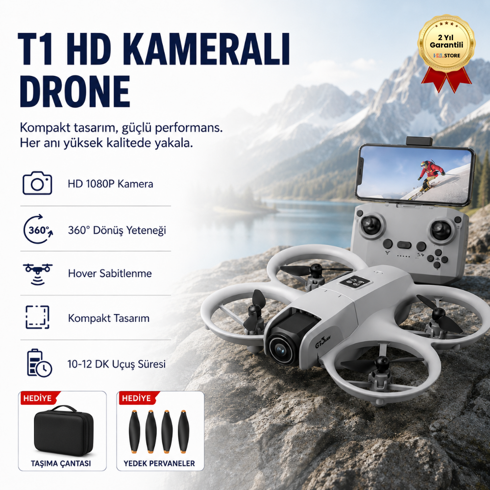 Gri T1 HD Kameralı  360° Dönüşlü taşınabilir Kompakt Drone 