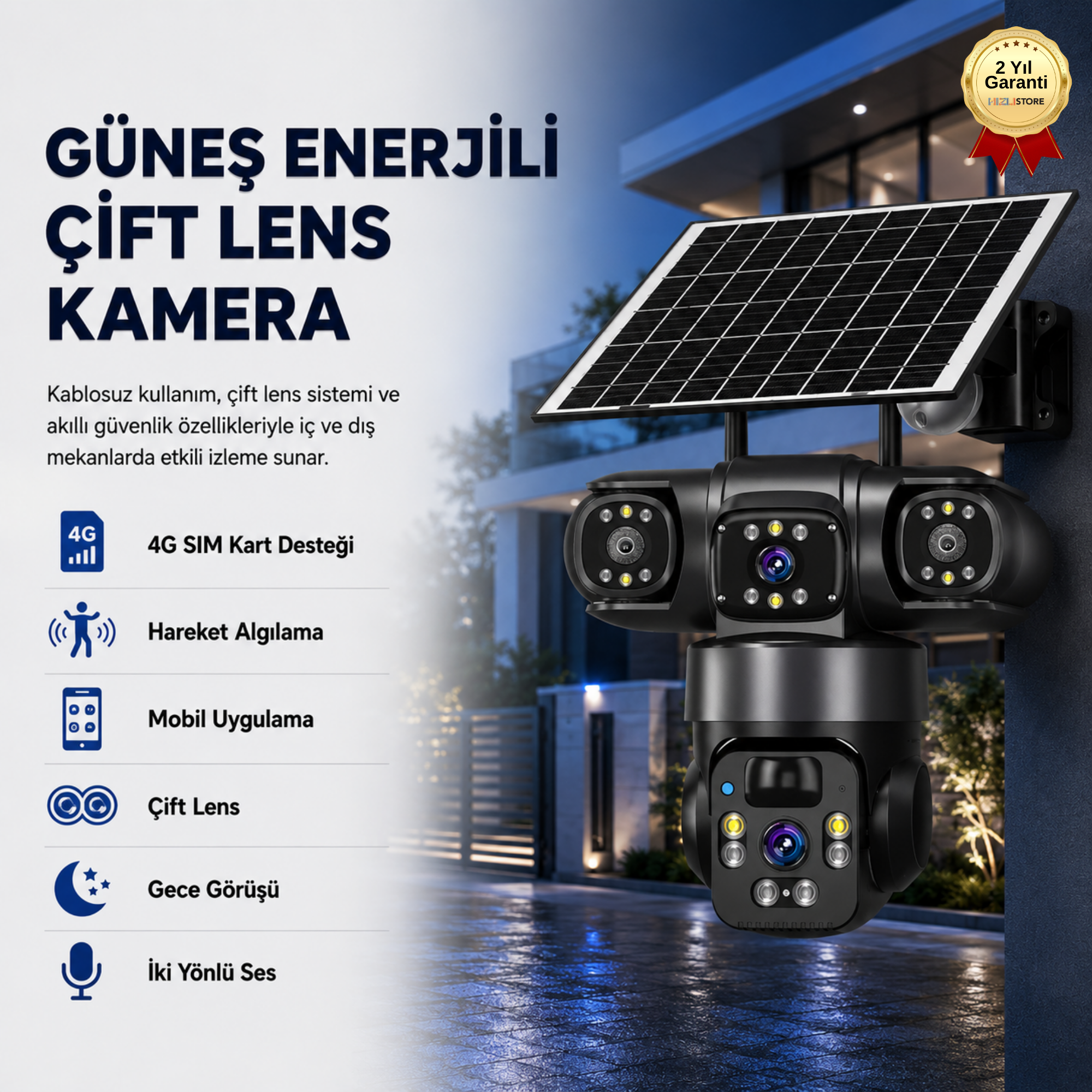 Güneş Enerjili 4G SIM Kartlı Kablosuz Güvenlik Kamerası Çift Lens 1080P Su Geçirmez 