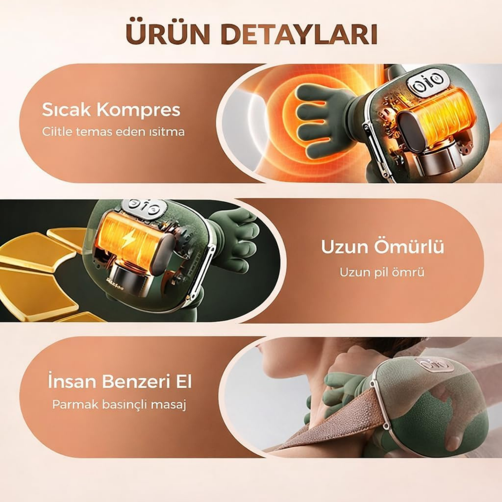 Isıtmalı Şarjlı Boyun ve Omuz Masaj Aleti İnsan Eli Hissi Veren Yoğurmalı Masaj Cihazı Yeşil 