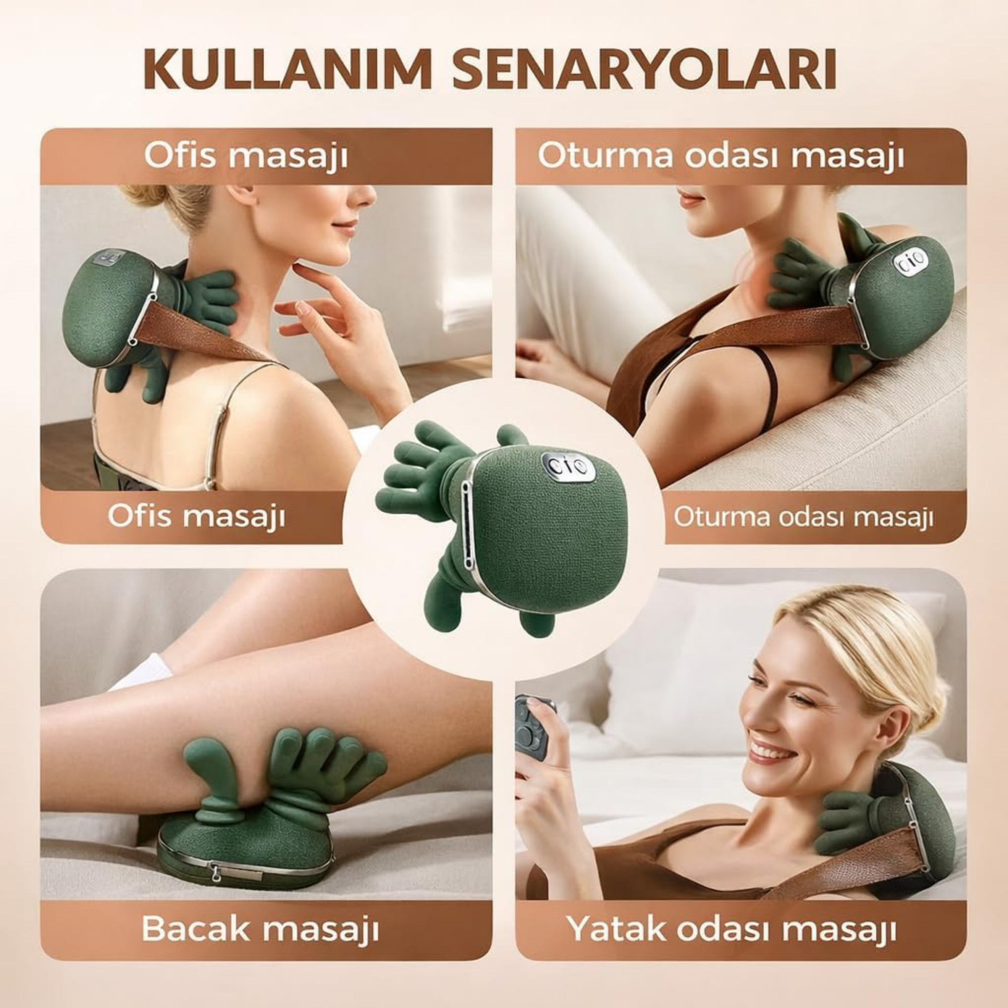 Isıtmalı Şarjlı Boyun ve Omuz Masaj Aleti İnsan Eli Hissi Veren Yoğurmalı Masaj Cihazı Yeşil 