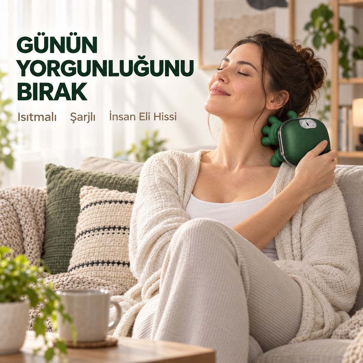 Isıtmalı Şarjlı Boyun ve Omuz Masaj Aleti İnsan Eli Hissi Veren Yoğurmalı Masaj Cihazı Yeşil 