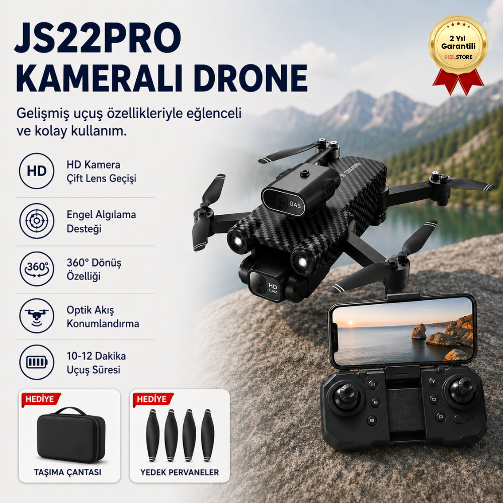 JS22PRO Drone, HD Uzaktan Kumandalı, Fırçasız motorlu 360 Roll Özellikli , Çift lens Korumalı Drone 