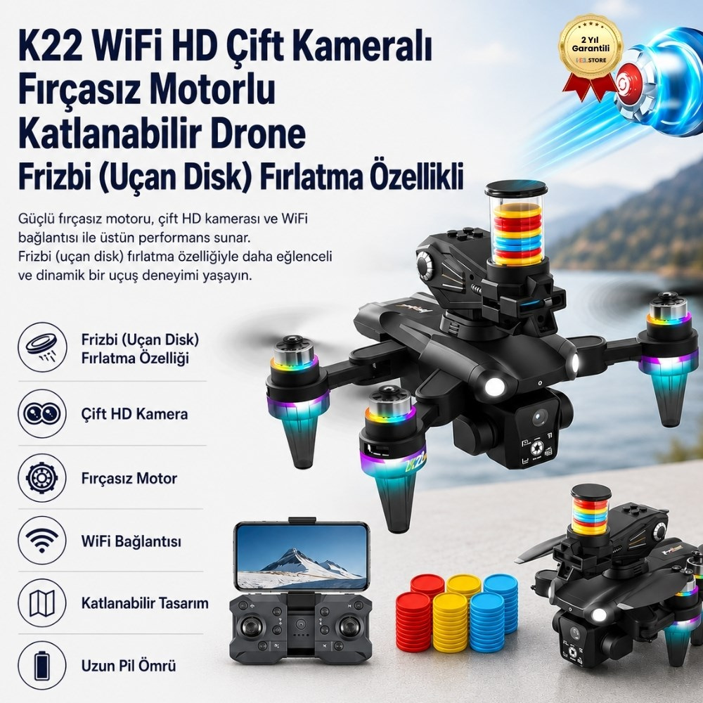 K22 WiFi HD Çift Kameralı Fırçasız Motorlu Katlanabilir Drone Frizbi (Uçan Disk) Fırlatma Özellikli 