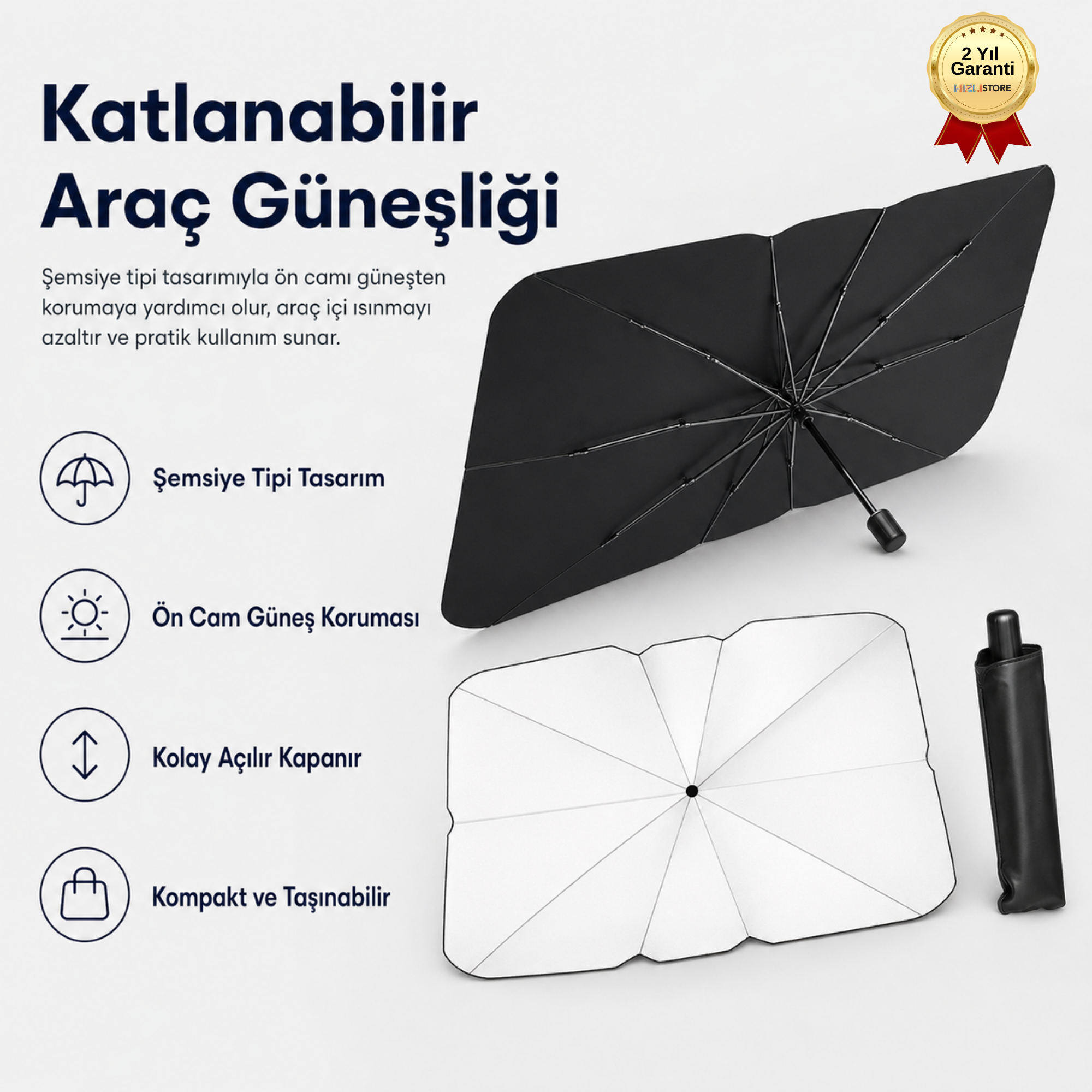 Katlanabilir Araç Ön Cam Güneşliği Şemsiye Tipi Isı ve Güneş Koruyucu Oto Güneşlik 