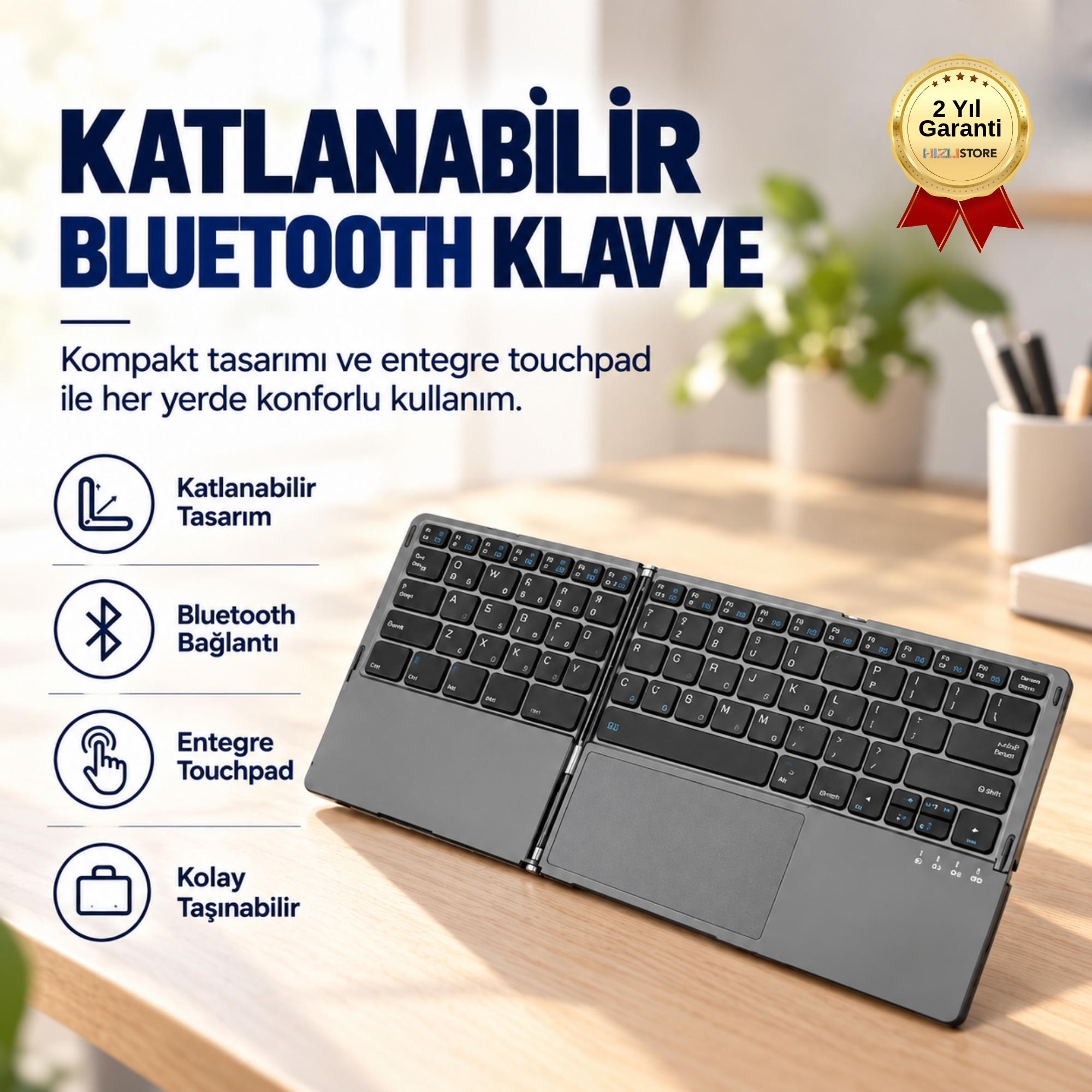 Katlanabilir Bluetooth Klavye Touchpadli  Tablet, Telefon ve Bilgisayar Uyumlu,64 Tuşlu Klavye 