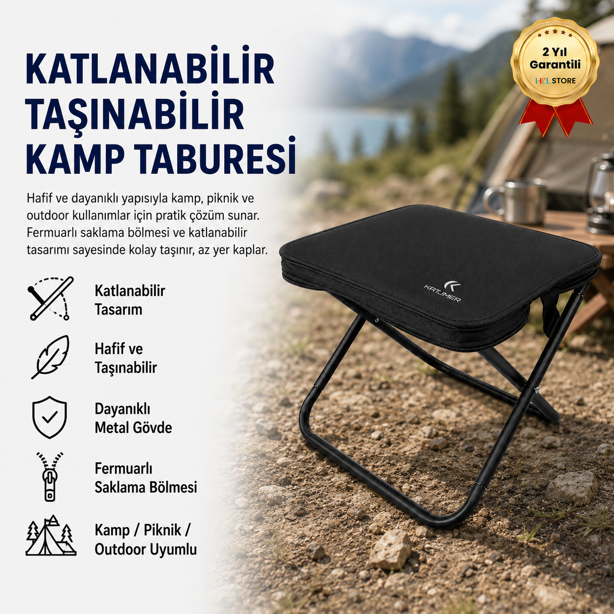 Katlanabilir Taşınabilir Kamp Taburesi ,Hafif, Dayanıklı ve Fermuarlı Saklama Bölmeli Outdoor Sandalye 