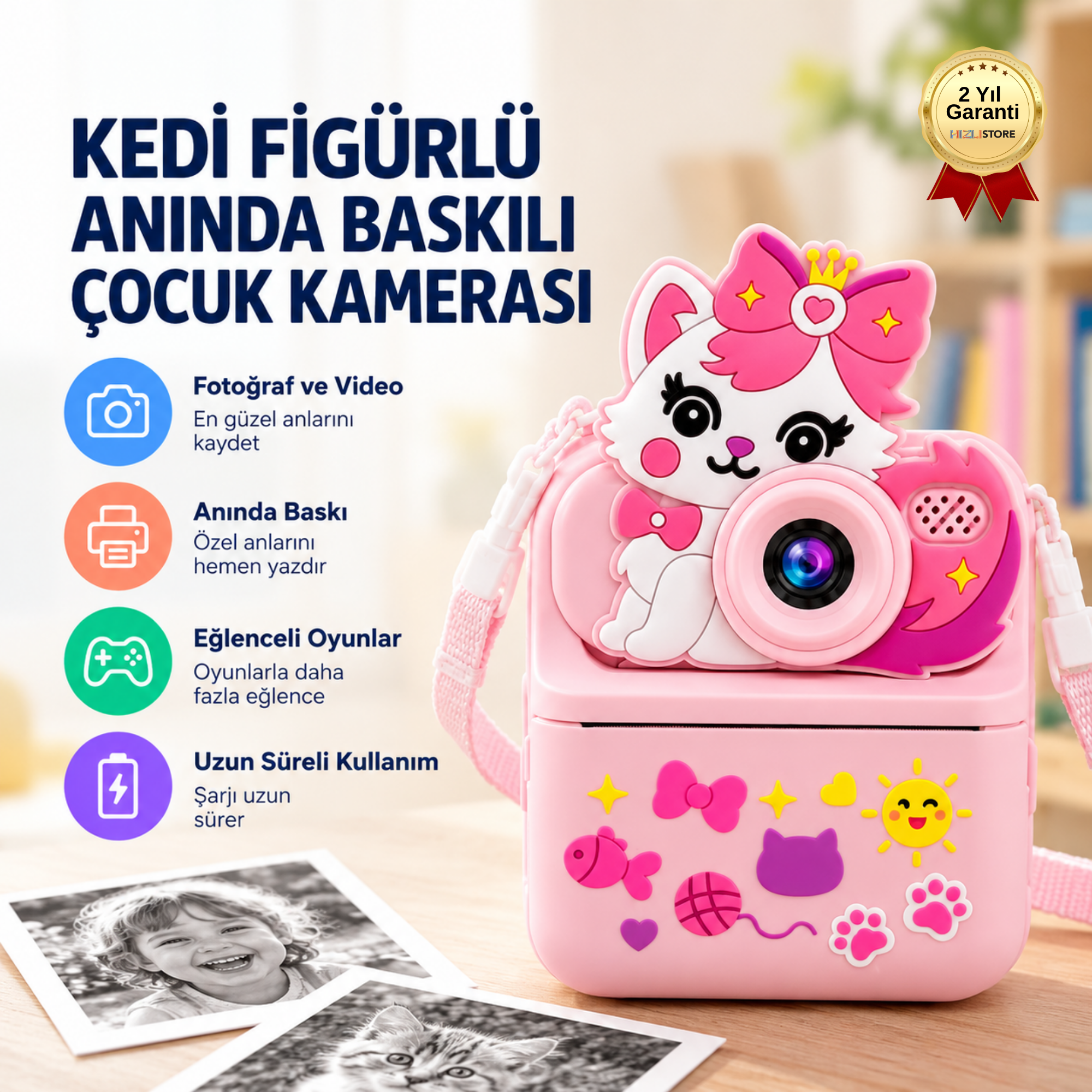KEDİ FİGÜRLÜ ANINDA BASKILI ÇOCUK KAMERASI  