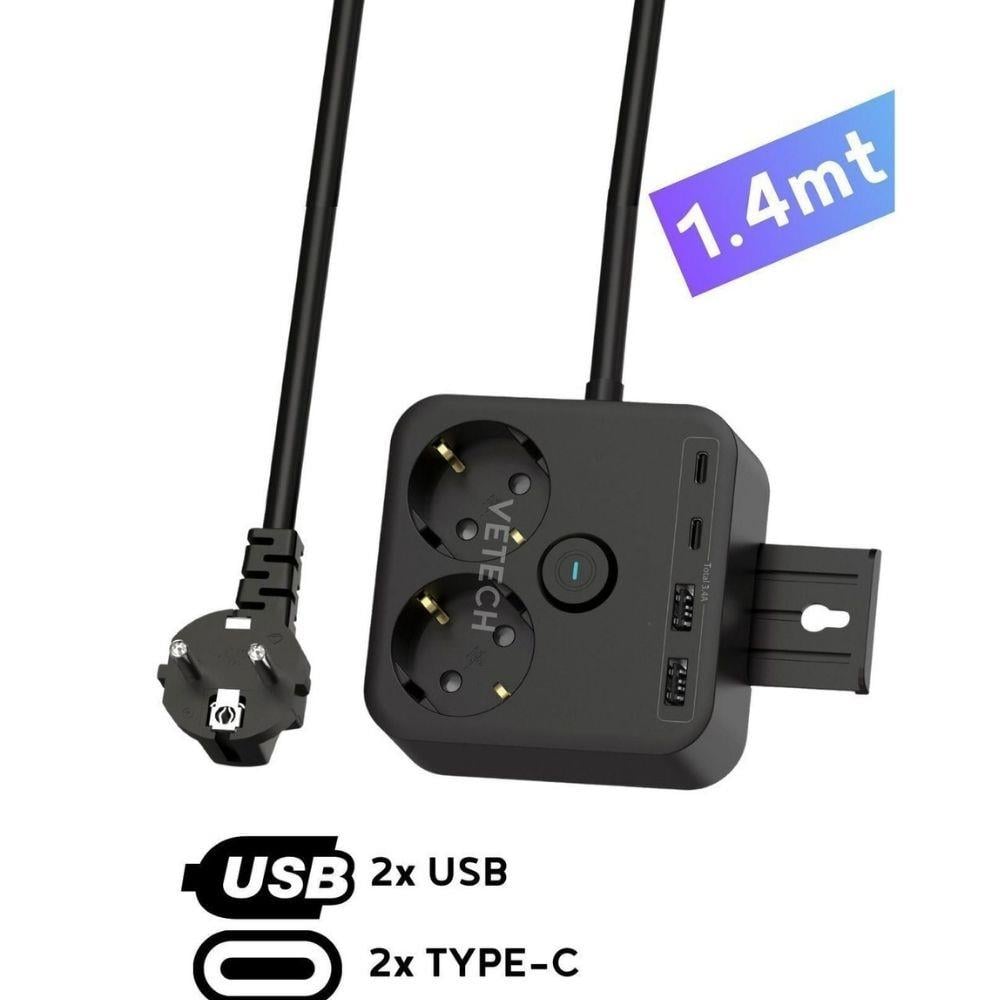 Korumalı 2'li Priz, 2 USB Girişli  Type-C Girişli 1.4 Uzatmalı Grup Akım Korumalı Dayanıklı Priz 