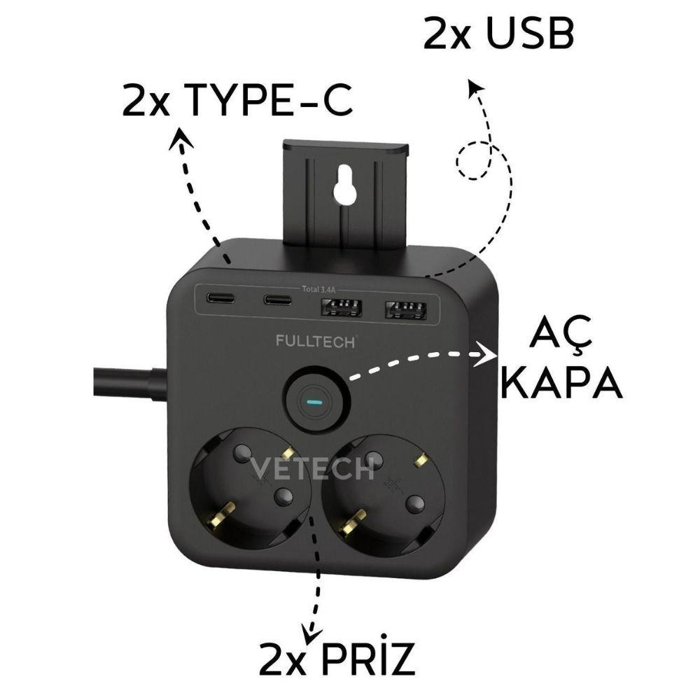 Korumalı 2'li Priz, 2 USB Girişli  Type-C Girişli 1.4 Uzatmalı Grup Akım Korumalı Dayanıklı Priz 