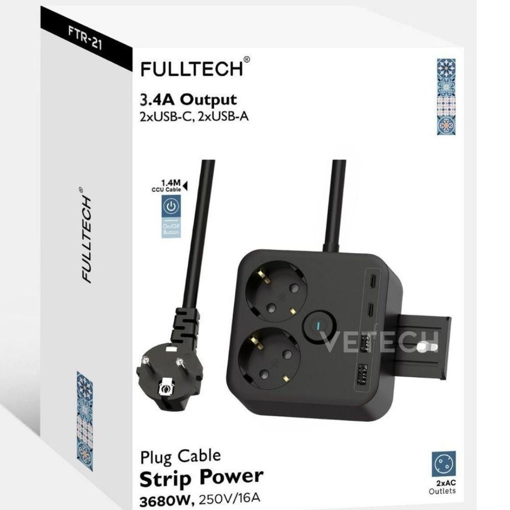 Korumalı 2'li Priz, 2 USB Girişli  Type-C Girişli 1.4 Uzatmalı Grup Akım Korumalı Dayanıklı Priz 