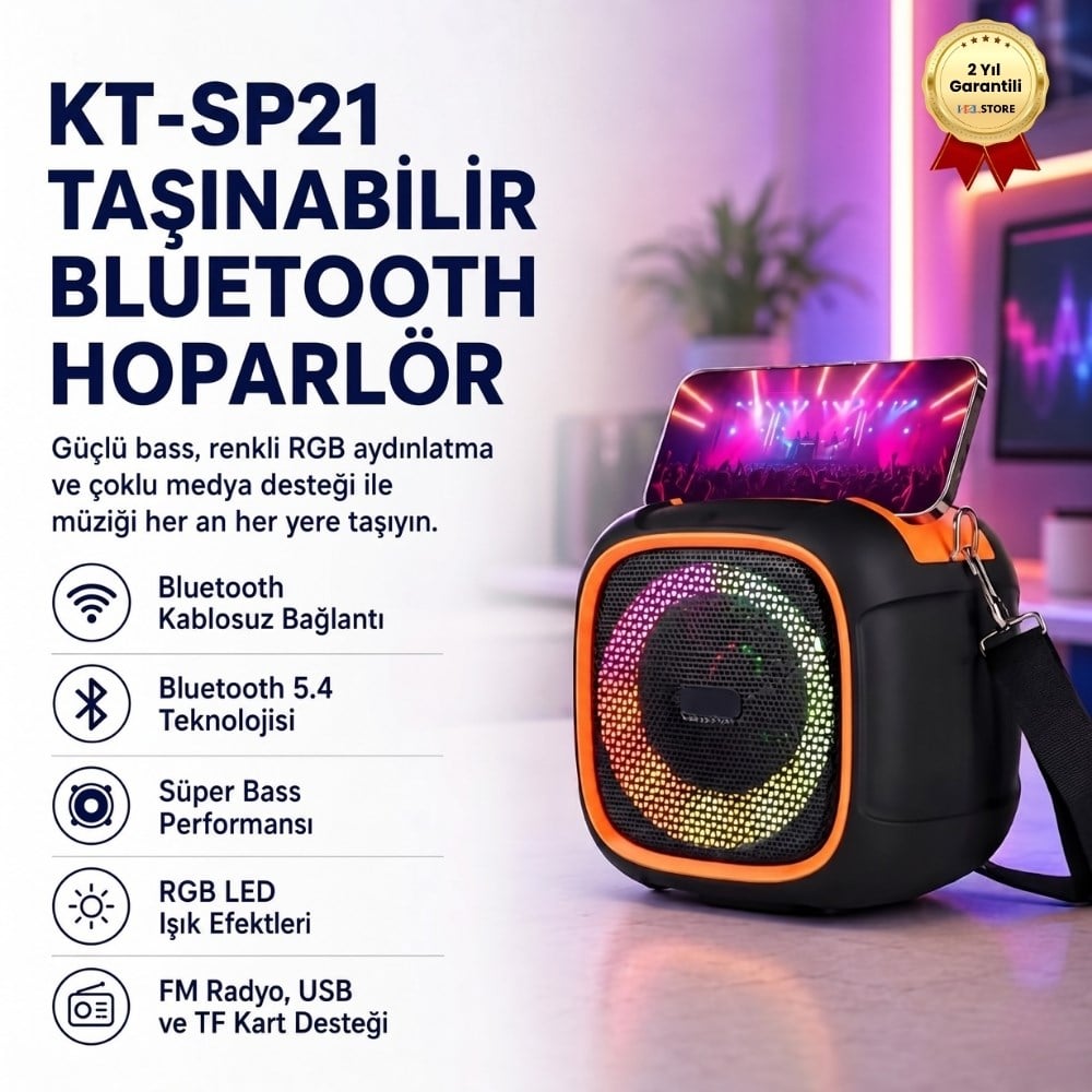 KT-SP21 Taşınabilir Bluetooth Hoparlör | Süper Bass, RGB Işık, Hi-Fi Stereo, FM Radyo, USB & TF Kart Destekli 