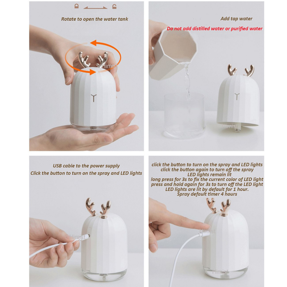 Kuru Ortamı Nemlendiren Geyikli Led Işıklı Hava Nemlendirici Buhar Makinesi Lovely Humidifier 