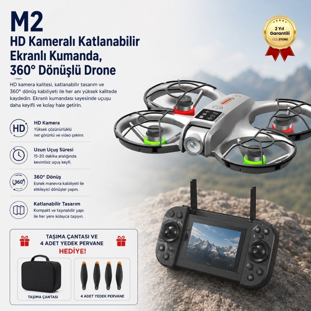 M2 HD Kameralı Katlanabilir  Ekranlı Kumanda, Wi-Fi Görüntü Aktarımı ve 360° Dönüşlü Taşınabilir Kompakt Drone 