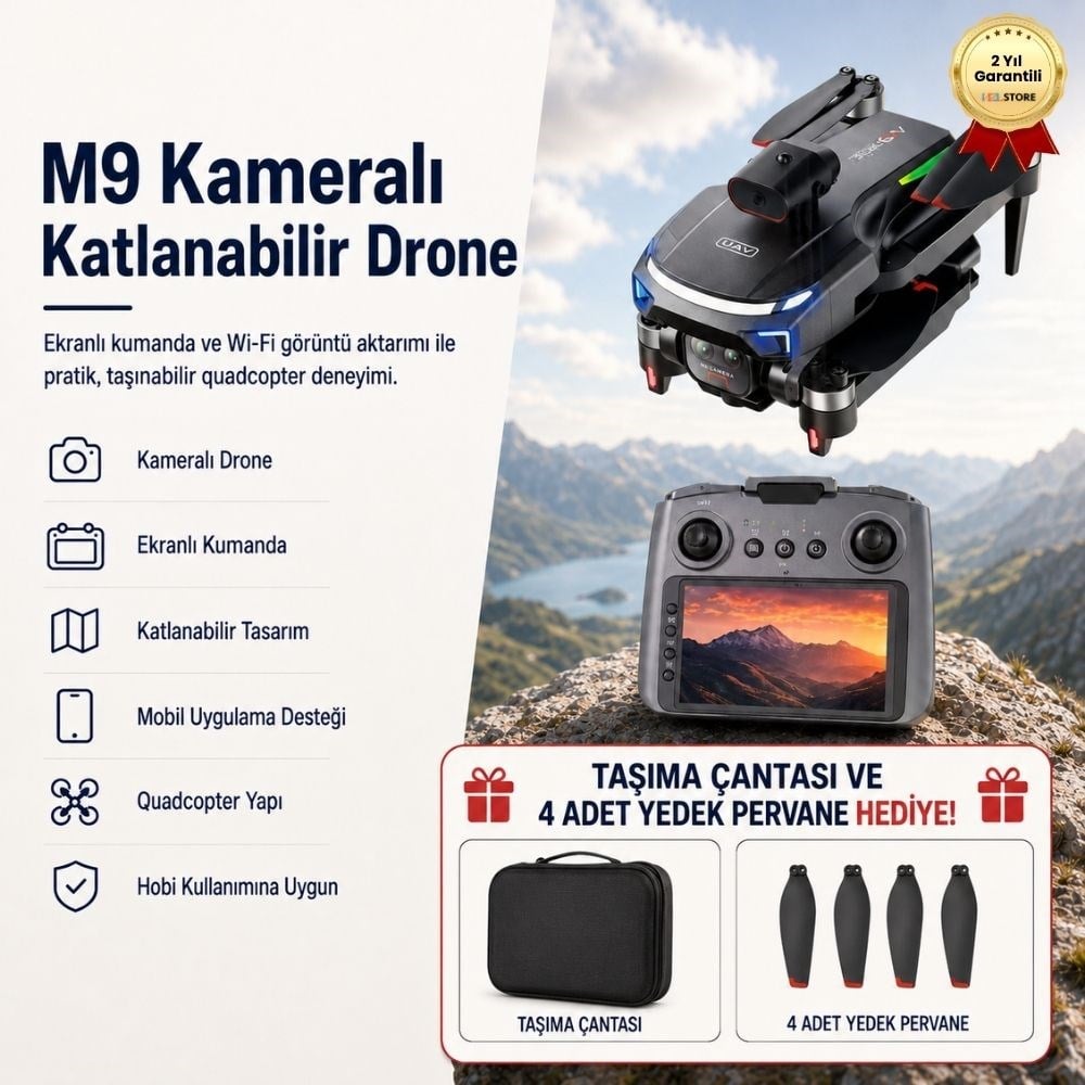 M9 Kameralı Katlanabilir Drone, Ekranlı Kumanda, Wi-Fi Görüntü Aktarımı ve Taşınabilir Quadcopter Drone 
