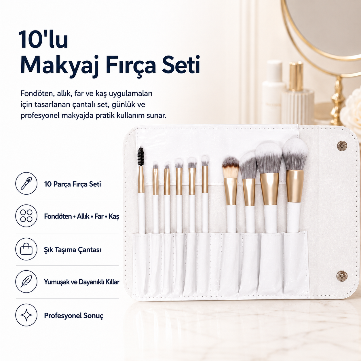 Makyaj Fırça Seti Çantalı 10'lu | Fondöten, Allık, Far ve Kaş Fırçaları 