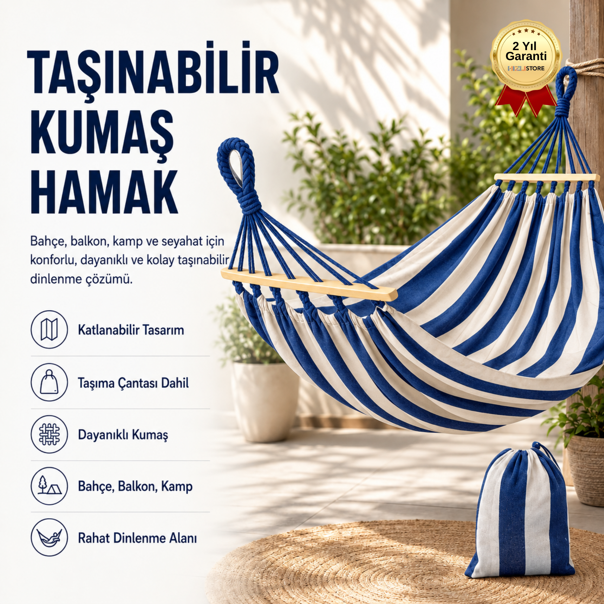 Mavi Çizgili Taşınabilir Katlanabilir Kumaş Hamak Bahçe, Balkon, Kamp ve Seyahat İçin Dinlenme Hamak + Taşıma Çantası 