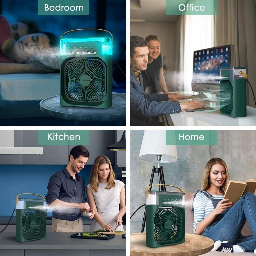 Minimalist Beyaz Taşınabilir Nemlendiricili Vantilatör – LED Gece Lambası ve Sessiz Çalışma 