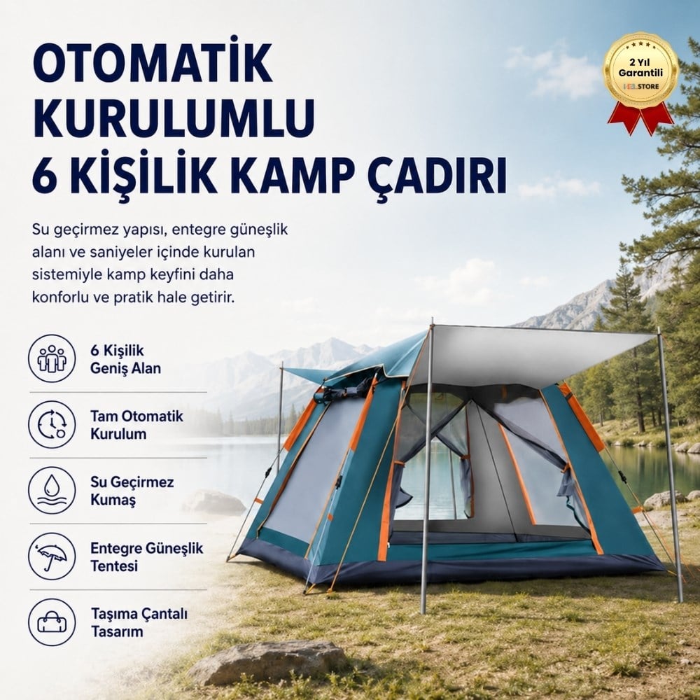 Otomatik Kurulumlu, Su Geçirmez & Güneşlikli 6 Kişilik Kamp Çadırı 
