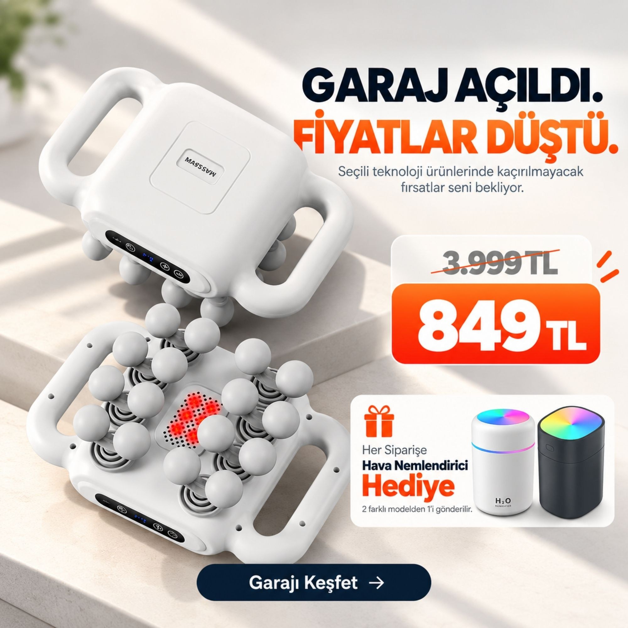 OUTLET/TEŞHİR Beyaz 2000mAh  8 Başlıklı Titreşimli Elektrikli Vücut Masaj Cihazı 