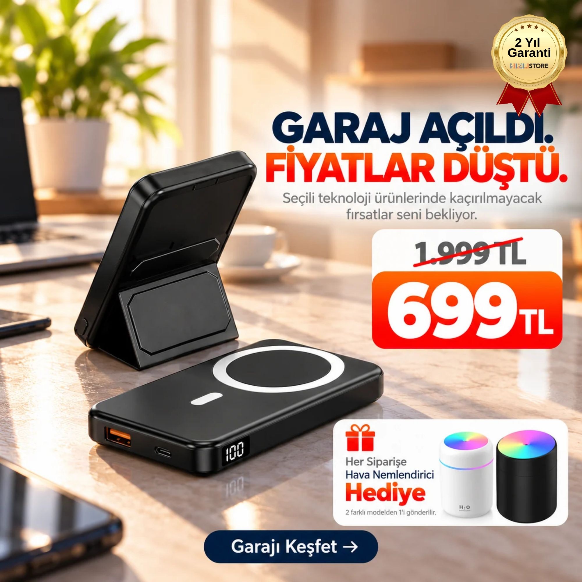 OUTLET/TEŞHİR Powerbank 10.000mAh Dijital Göstergeli Taşınabilir 22.5W Hızlı Şarjlı Telefon Standlı Taşınabilir Şarj Cihazı 