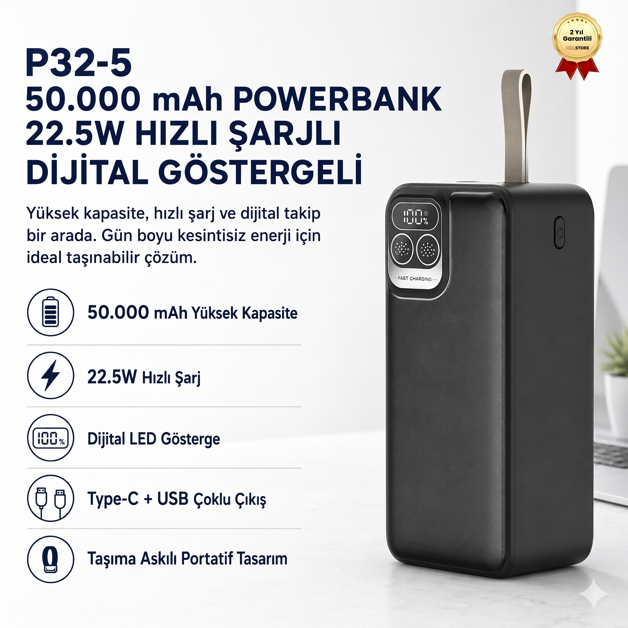P32-5 50.000 mAh Powerbank 22.5W Hızlı Şarjlı Dijital Göstergeli Taşınabilir Şarj Cihazı 