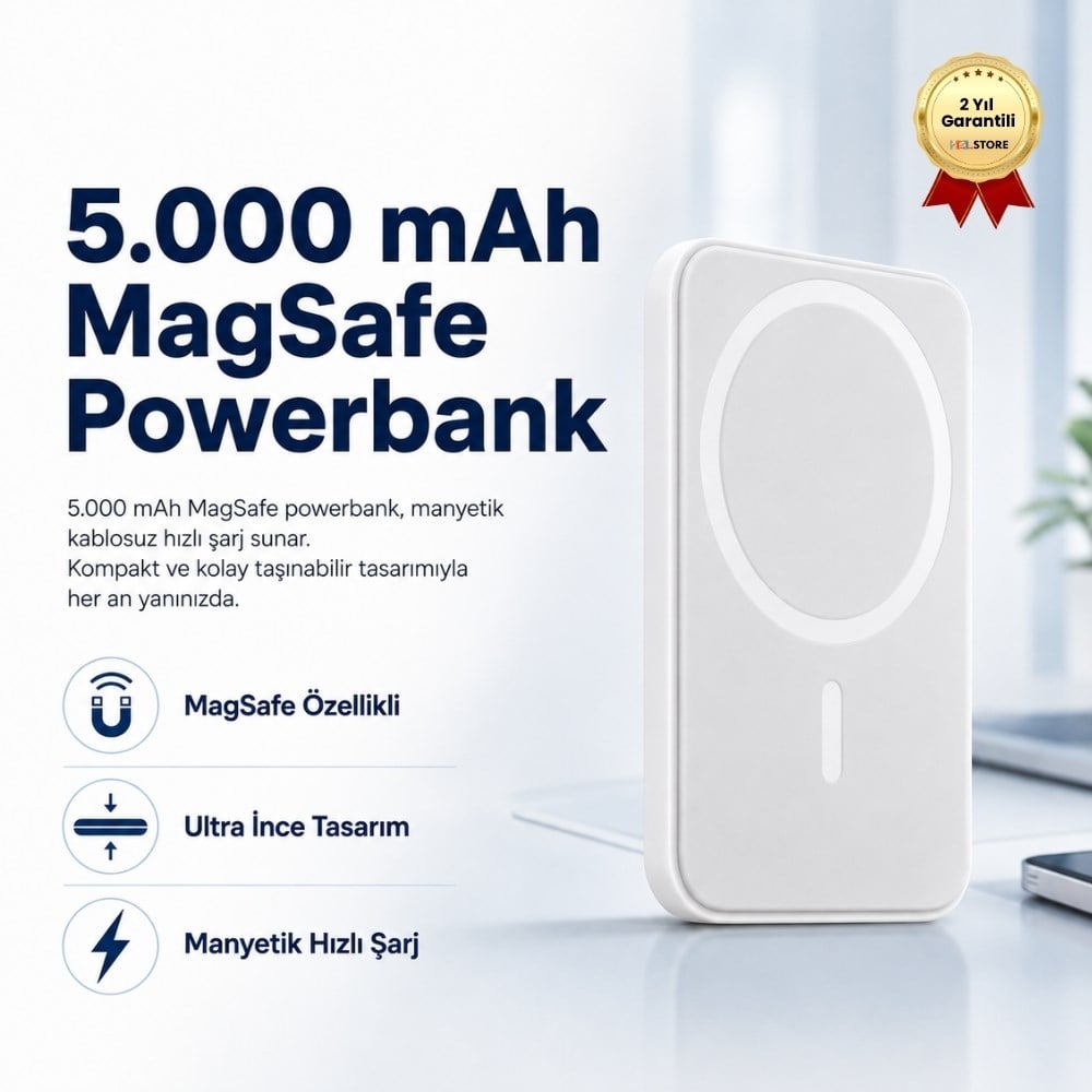 P5 5000 mAh MagSafe Kablosuz Powerbank Manyetik Hızlı Şarj Taşınabilir Şarj Cihazı 